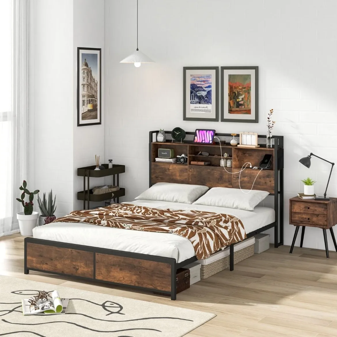 Doppelbettgestell mit LED-Lichtern & Ladestation Industrielles Plattformbett 200 x 140 cm/200 x 160 cm