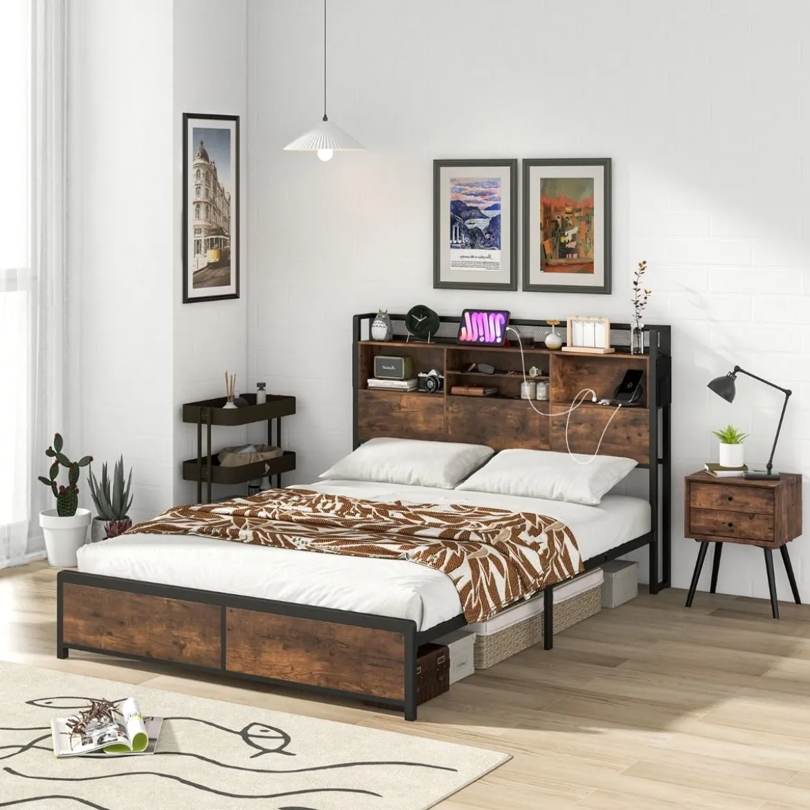 Doppelbettgestell mit LED-Lichtern & Ladestation Industrielles Plattformbett 200 x 140 cm/200 x 160 cm
