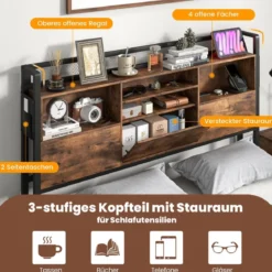 Doppelbettgestell mit LED-Lichtern & Ladestation Industrielles Plattformbett 200 x 140 cm/200 x 160 cm