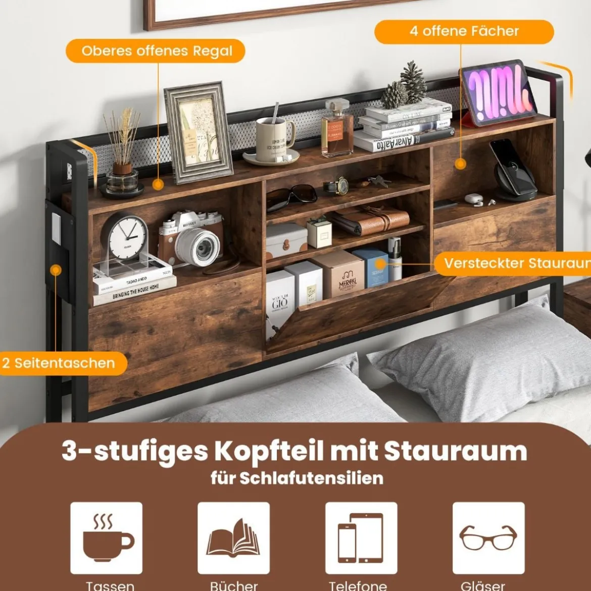 Doppelbettgestell mit LED-Lichtern & Ladestation Industrielles Plattformbett 200 x 140 cm/200 x 160 cm