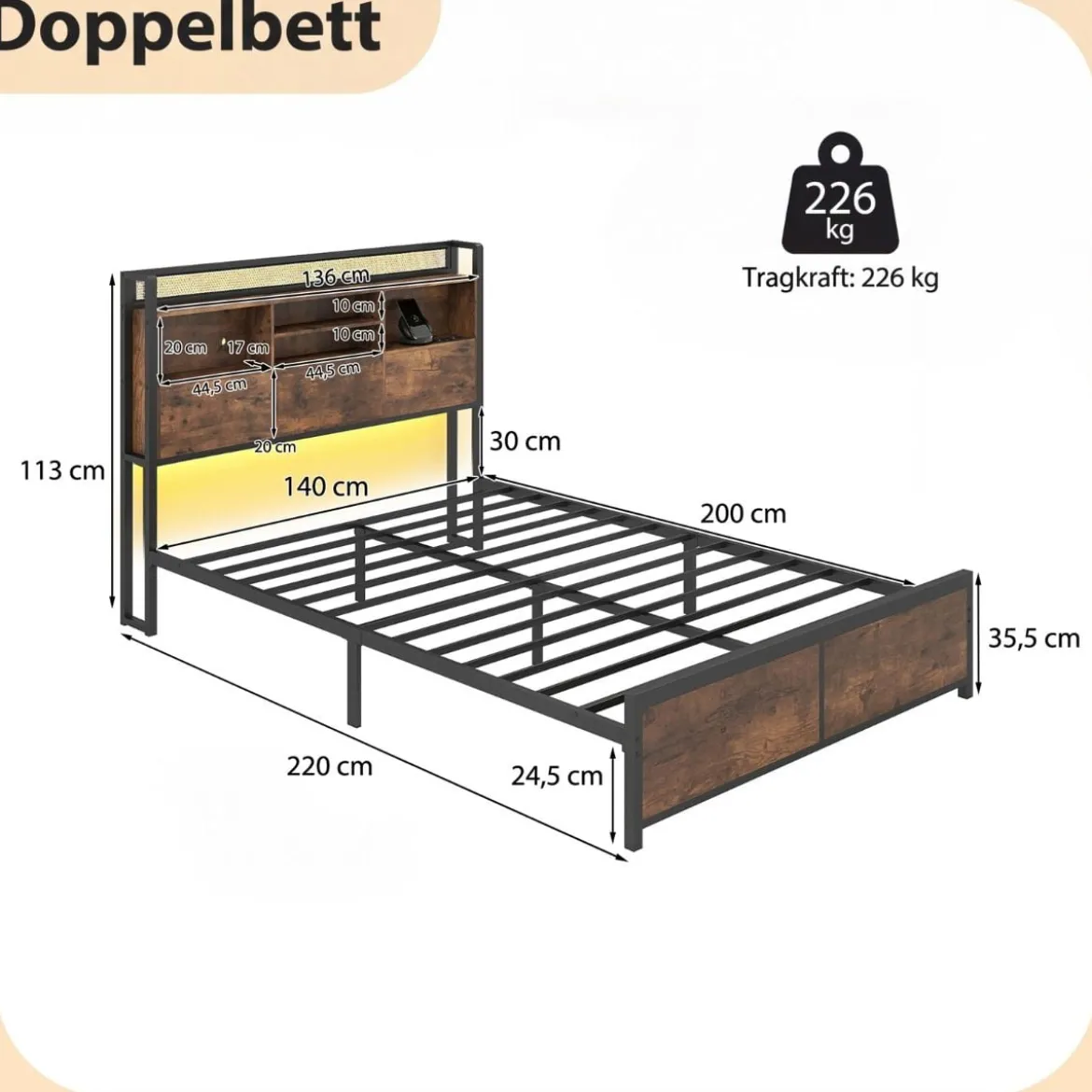 Doppelbettgestell mit LED-Lichtern & Ladestation Industrielles Plattformbett 200 x 140 cm/200 x 160 cm