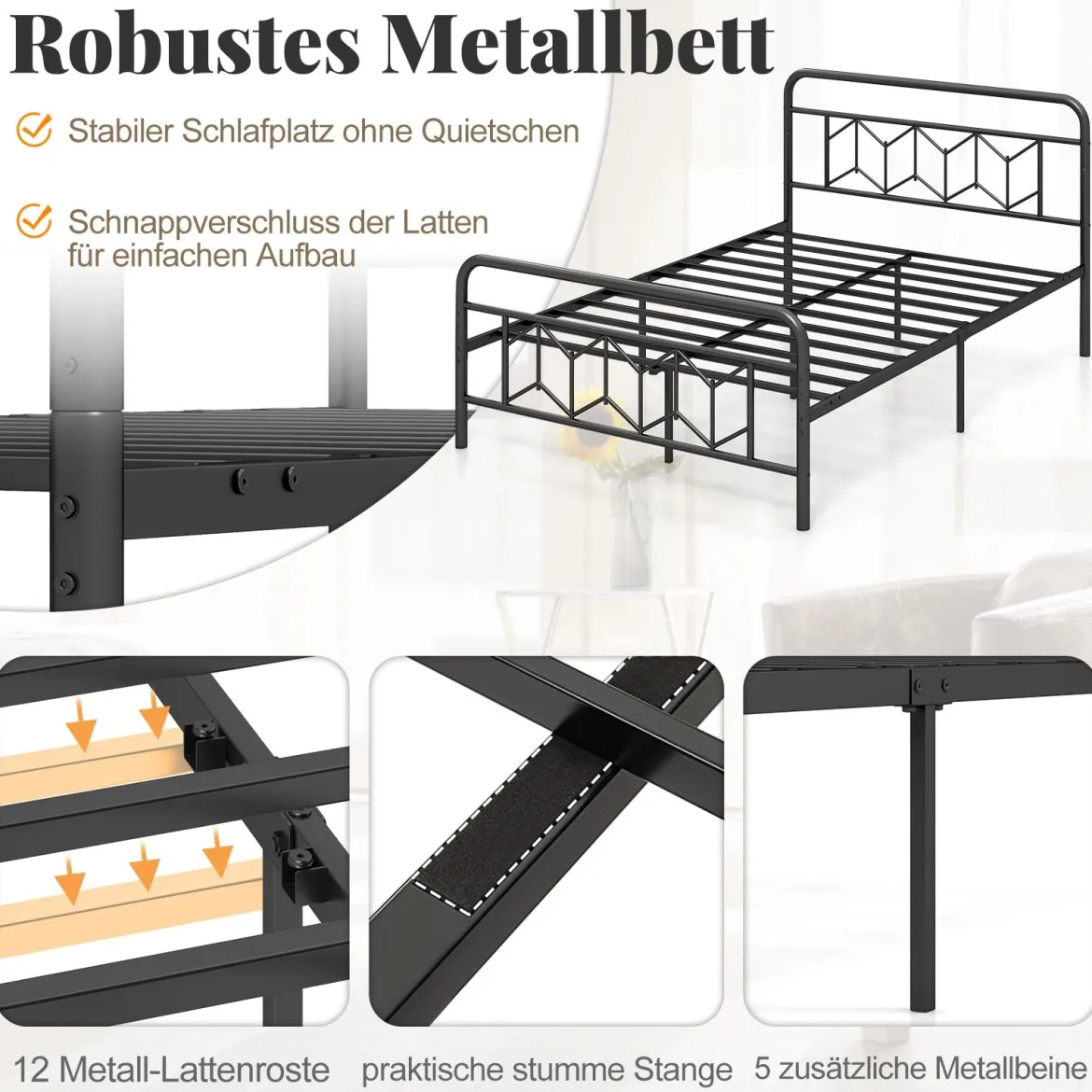 Doppelbett Metallgestell für 200 x 140 cm Matratze Metallbettgestell mit Kopfteil Gästebett Schwarz
