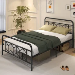 Doppelbett Metallgestell für 200 x 140 cm Matratze Metallbettgestell mit Kopfteil Gästebett Schwarz
