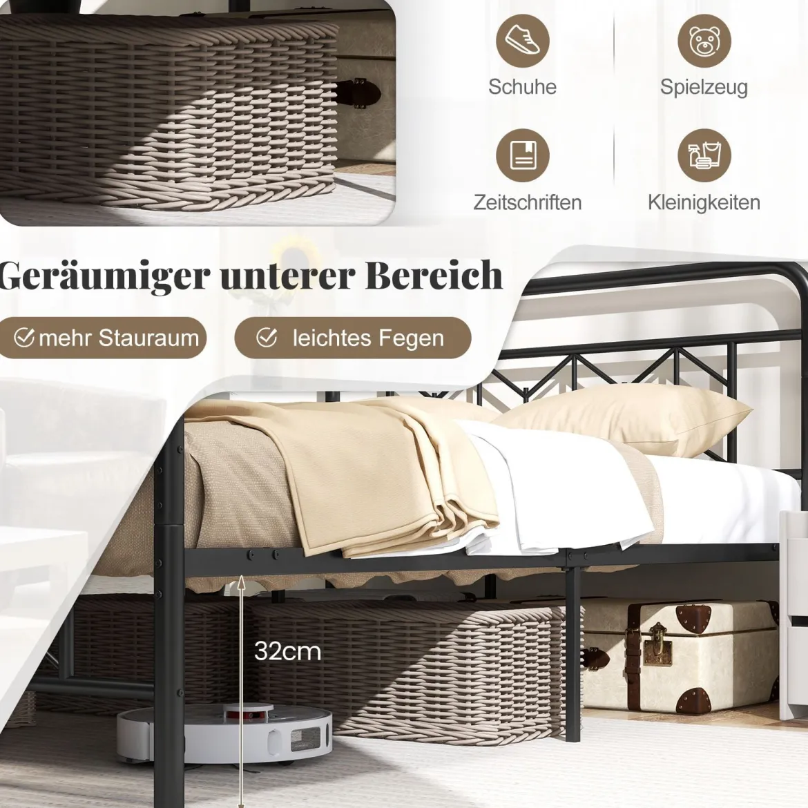 Doppelbett Metallgestell für 200 x 140 cm Matratze Metallbettgestell mit Kopfteil Gästebett Schwarz