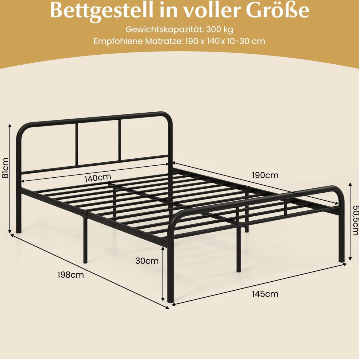 Doppelbettmit Kopf- & Fußteil Metallbett Bettgestell Metallplattformbett für 140 x 190 cm Matratze