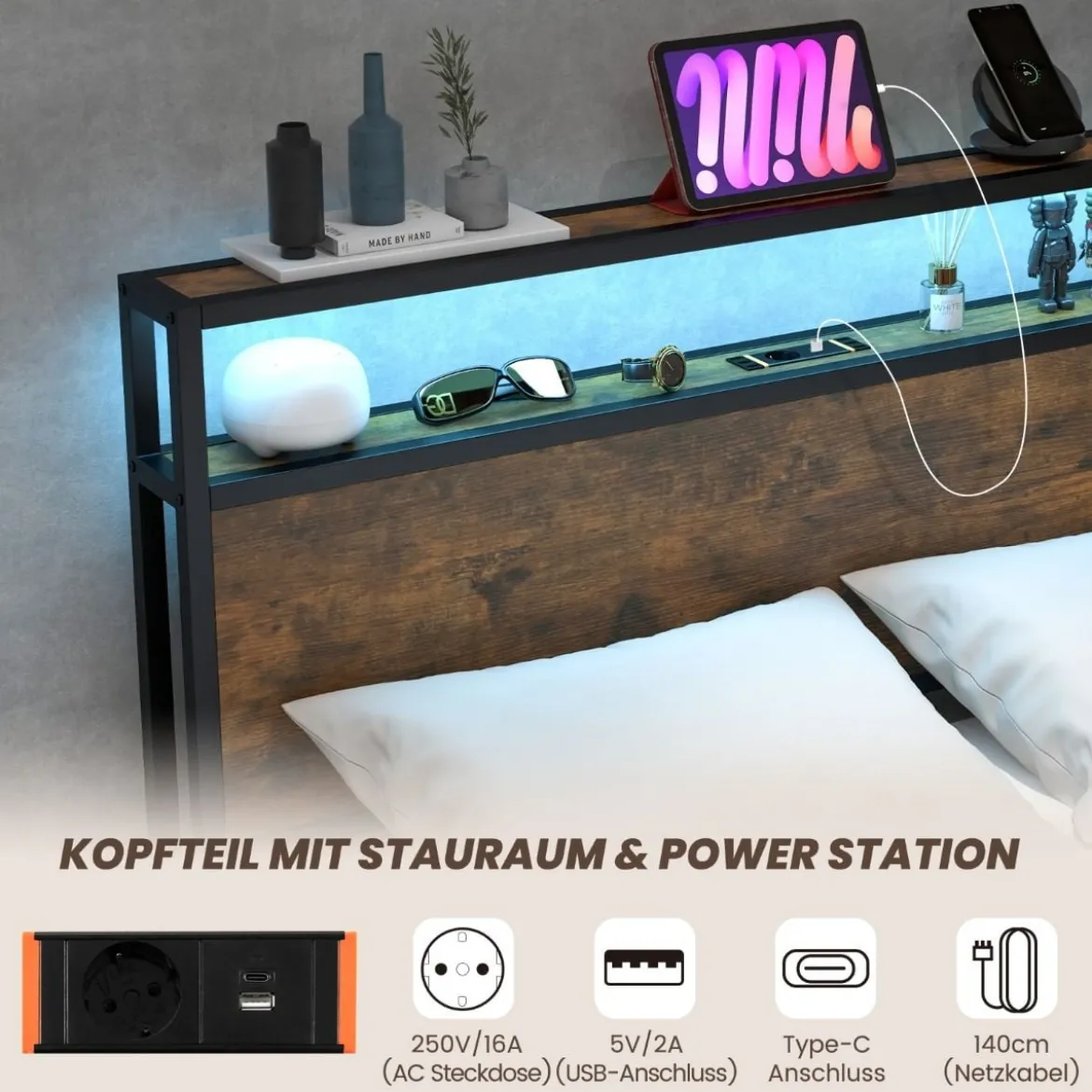 Doppelbettrahmen mit LED Plattformbett & Schubladen geräuschfreies Bettgestell Rustikales Braun