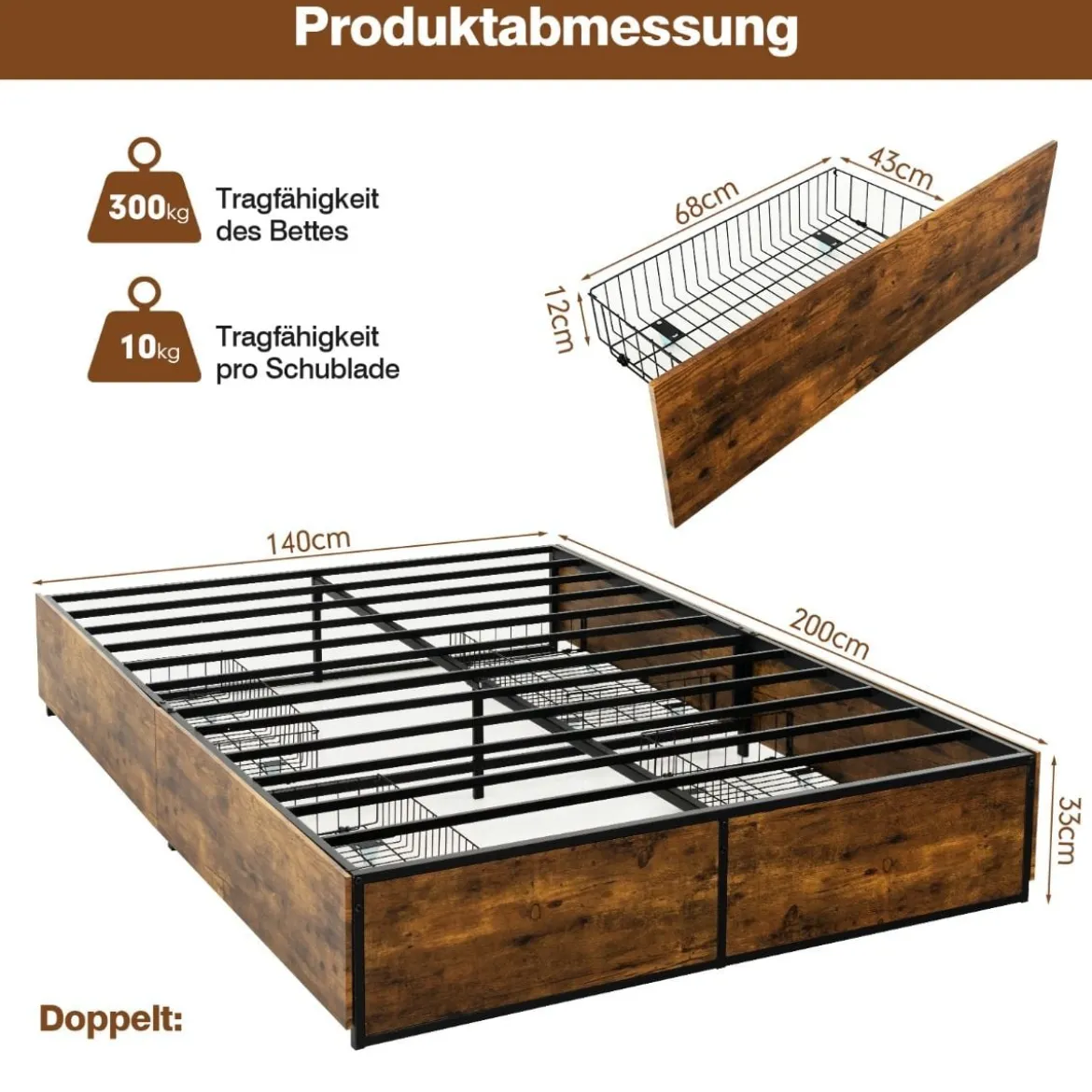 Doppelbettrahmen Strapazierfähiges Metallbett mit 4 Schubladen Holzfußende Rustikales Braun