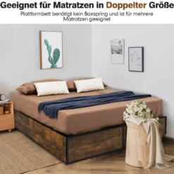 Doppelbettrahmen Strapazierfähiges Metallbett mit 4 Schubladen Holzfußende Rustikales Braun