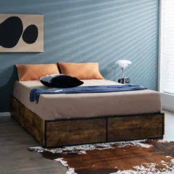 Doppelbettrahmen Strapazierfähiges Metallbett mit 4 Schubladen Holzfußende Rustikales Braun