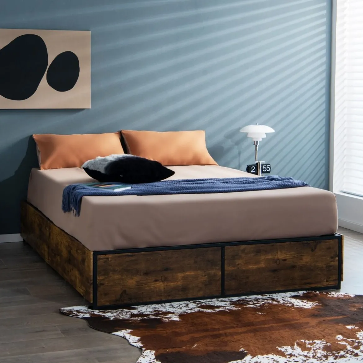 Doppelbettrahmen Strapazierfähiges Metallbett mit 4 Schubladen Holzfußende Rustikales Braun
