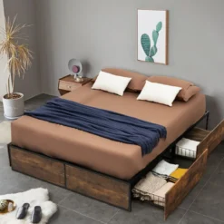 Doppelbettrahmen Strapazierfähiges Metallbett mit 4 Schubladen Holzfußende Rustikales Braun