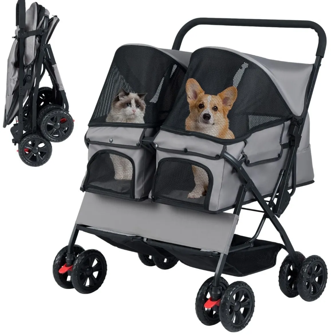 Doppel Hundebuggy mit 2-Sitzer-Tragetasche & Verstellbarem Sonnenschutz Katzenwagen Grau