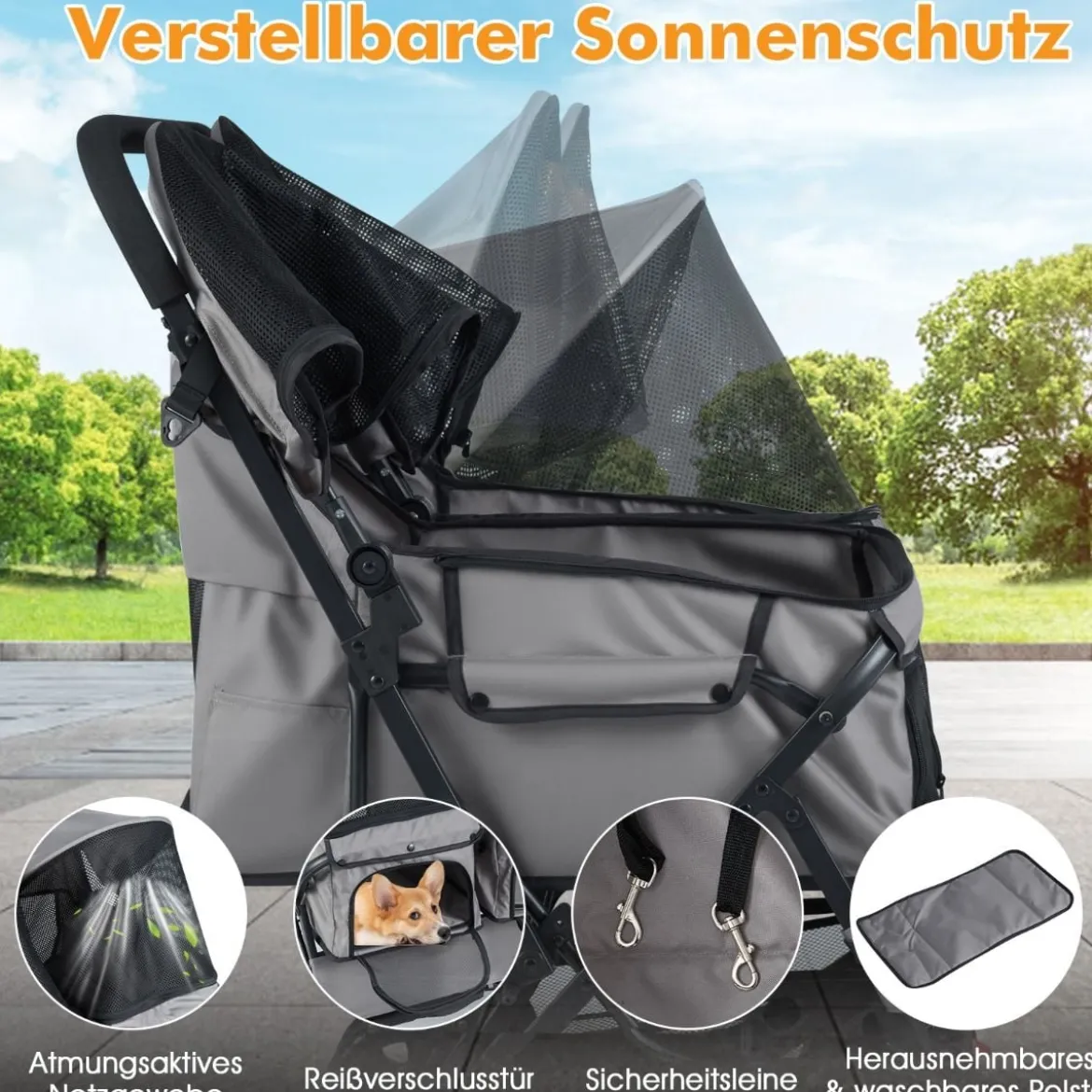 Doppel Hundebuggy mit 2-Sitzer-Tragetasche & Verstellbarem Sonnenschutz Katzenwagen Grau