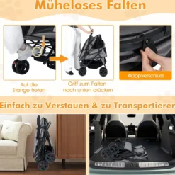 Doppel Hundebuggy mit 2-Sitzer-Tragetasche & Verstellbarem Sonnenschutz Katzenwagen Grau