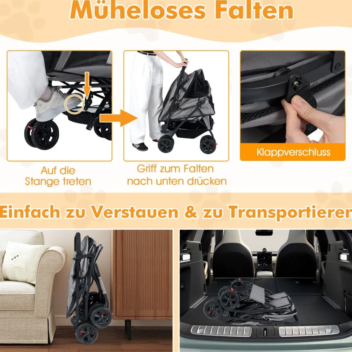 Doppel Hundebuggy mit 2-Sitzer-Tragetasche & Verstellbarem Sonnenschutz Katzenwagen Grau