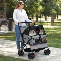 Doppel Hundebuggy mit 2-Sitzer-Tragetasche & Verstellbarem Sonnenschutz Katzenwagen Grau