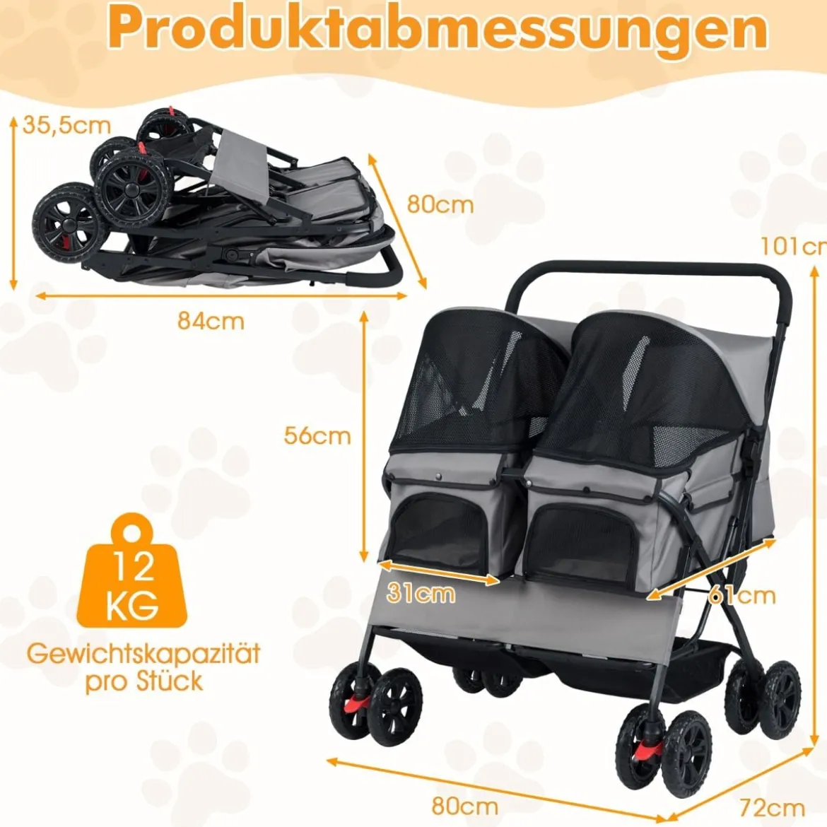 Doppel Hundebuggy mit 2-Sitzer-Tragetasche & Verstellbarem Sonnenschutz Katzenwagen Grau