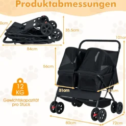 Doppel Hundebuggy mit 2-Sitzer-Tragetasche & Verstellbarem Sonnenschutz Katzenwagen Schwarz