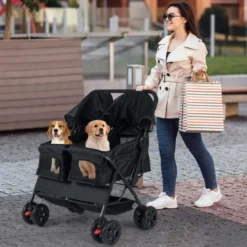Doppel Hundebuggy mit 2-Sitzer-Tragetasche & Verstellbarem Sonnenschutz Katzenwagen Schwarz