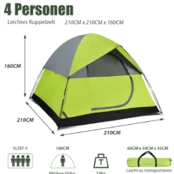Doppellagiges Familien-Campingzelt Kuppelzelt winddicht 210 x 210 x 160 cm Grün