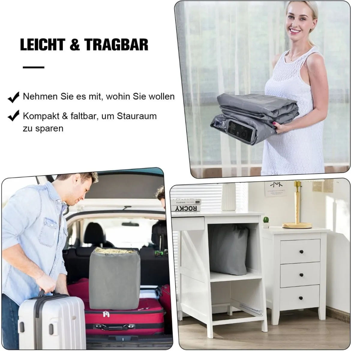 Doppel-Luftmatratze tragbares Luftbett mit eingebauter Pumpe 191 x 90 x 35 cm Grau