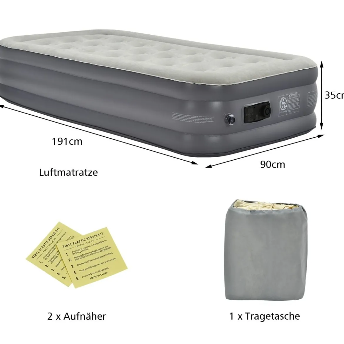 Doppel-Luftmatratze tragbares Luftbett mit eingebauter Pumpe 191 x 90 x 35 cm Grau