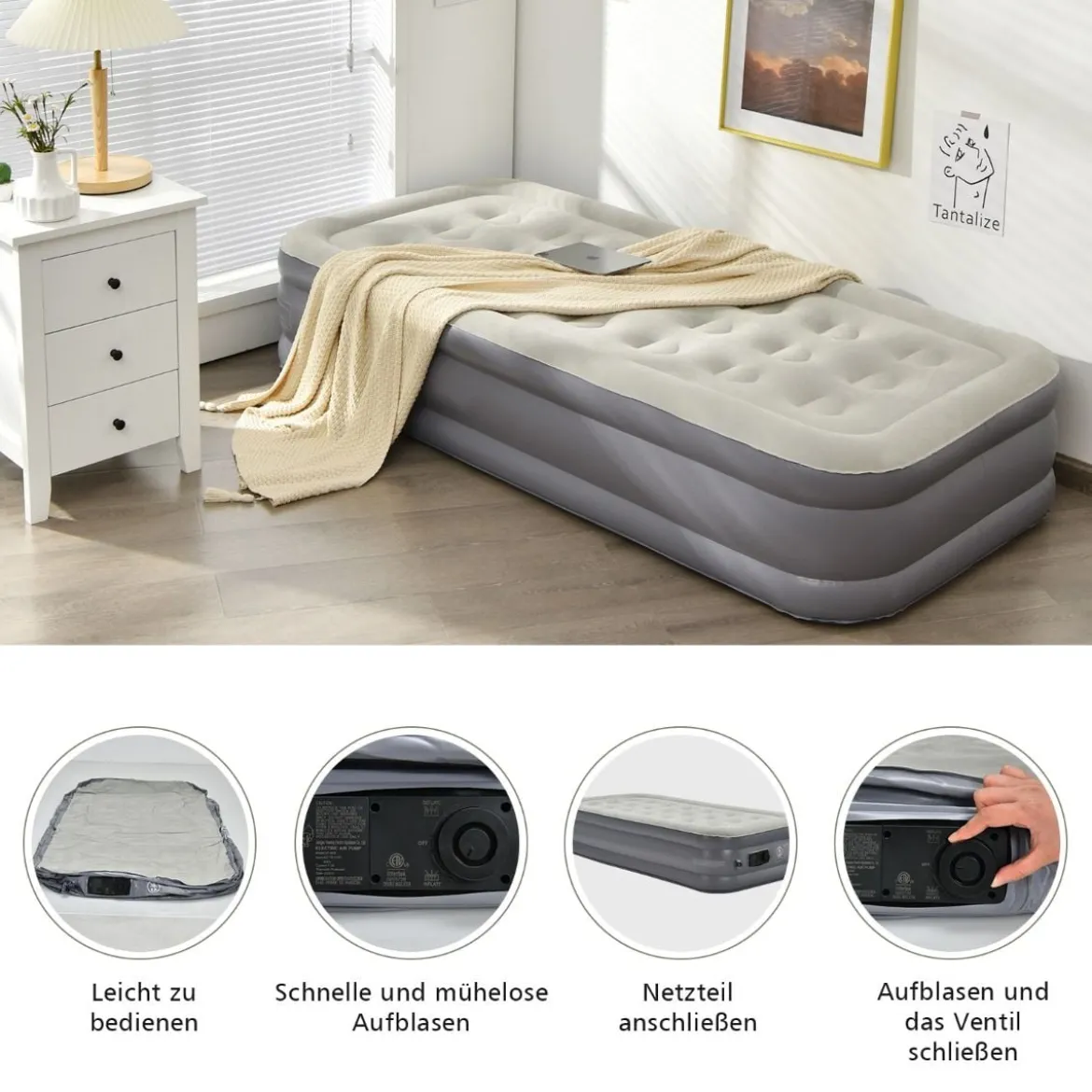 Doppel-Luftmatratze tragbares Luftbett mit eingebauter Pumpe 191 x 90 x 35 cm Grau