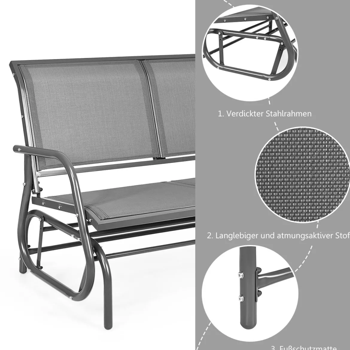 Doppel Schaukelstuhl Gartenstuhl Schwingsessel Metallrahmen Gemütliche Schaukelbank für 2 Personen Grau