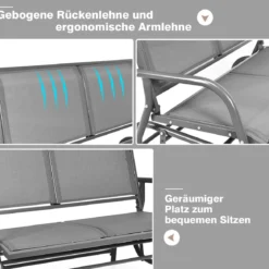 Doppel Schaukelstuhl Gartenstuhl Schwingsessel Metallrahmen Gemütliche Schaukelbank für 2 Personen Grau
