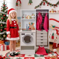 Doppelseitige Kinderküche hölzerner Spielküchen-Set mit Wasserspender Dunstabzugshaube Weiß