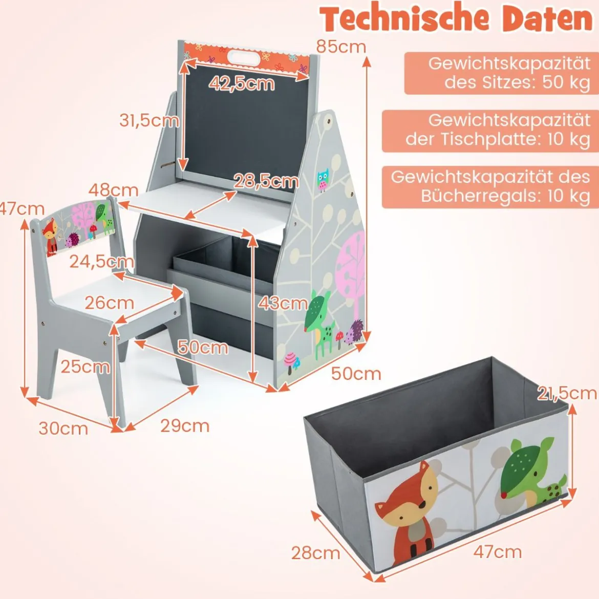 Doppelseitiges Kindertisch & Stuhl-Set mit Magnetischer Tafel & Whiteboard & Bücherregal Grau