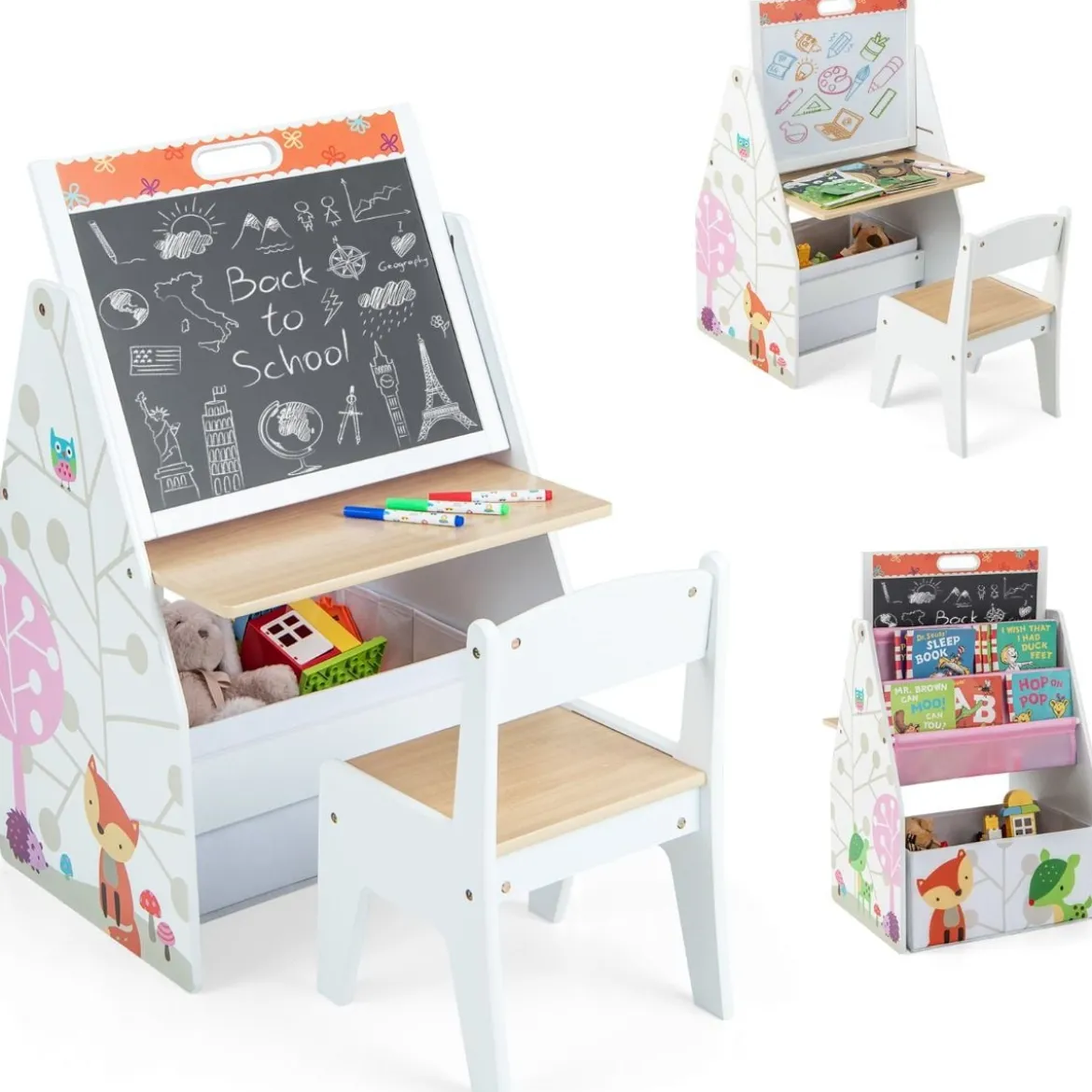 Doppelseitiges Kindertisch & Stuhl-Set mit Magnetischer Tafel & Whiteboard & Bücherregal Weiß