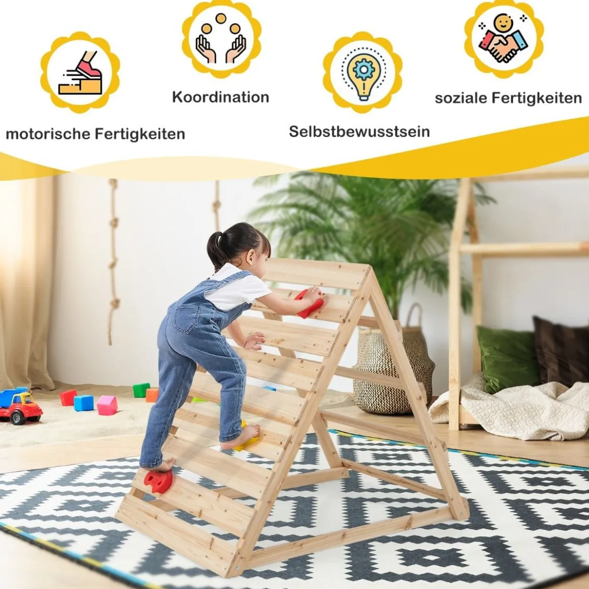 Doppelseitiges Kletterdreieck hölzernes Kletterspielzeug mit Kletterfelsen und Kletterleitern 112 x 70 x 96 cm Natur