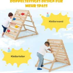 Doppelseitiges Kletterdreieck hölzernes Kletterspielzeug mit Kletterfelsen und Kletterleitern 112 x 70 x 96 cm Natur