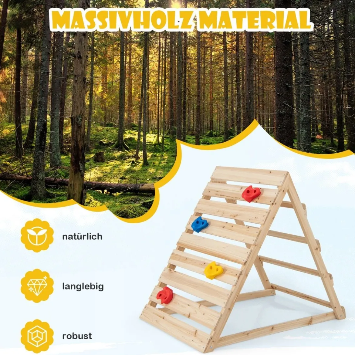 Doppelseitiges Kletterdreieck hölzernes Kletterspielzeug mit Kletterfelsen und Kletterleitern 112 x 70 x 96 cm Natur