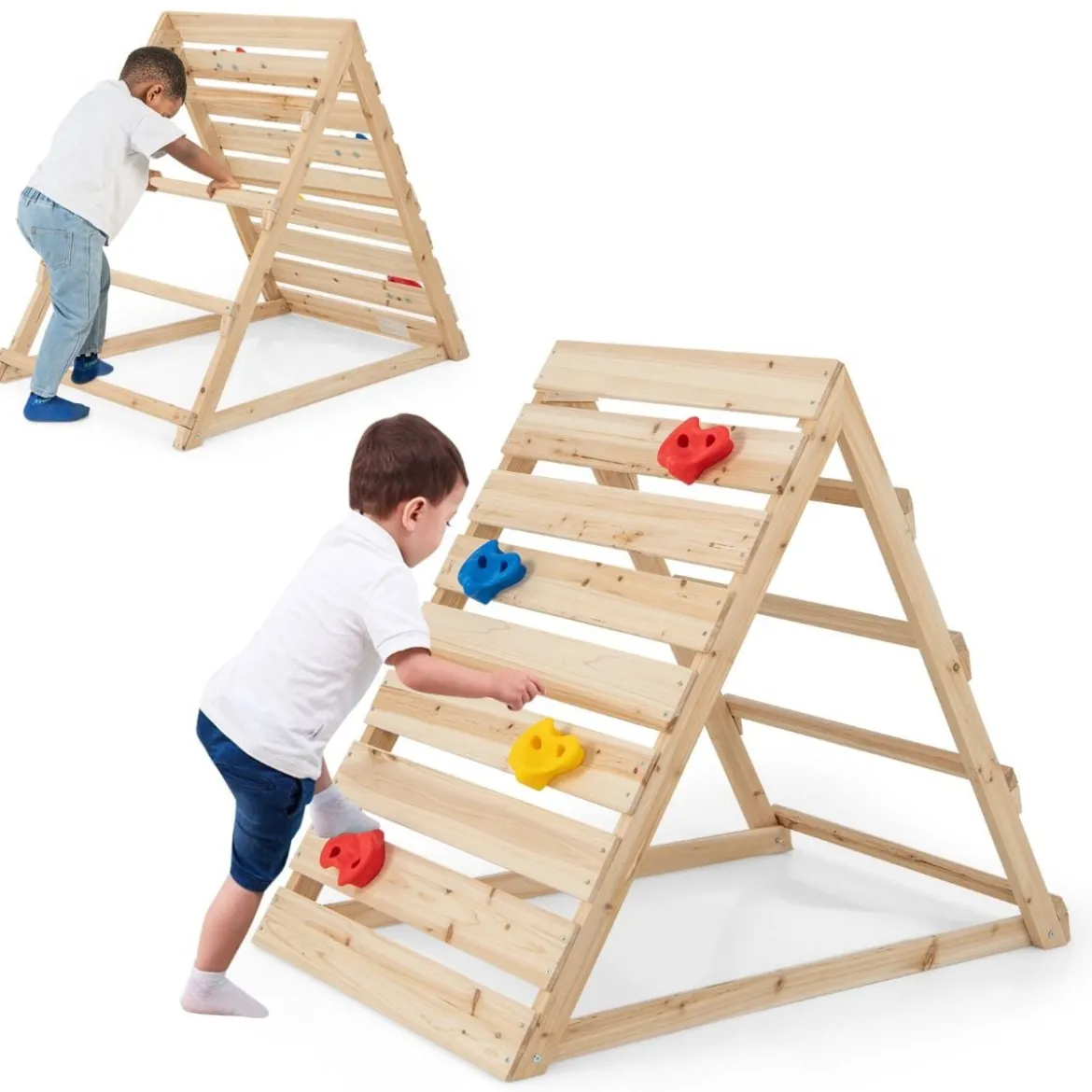 Doppelseitiges Kletterdreieck hölzernes Kletterspielzeug mit Kletterfelsen und Kletterleitern 112 x 70 x 96 cm Natur