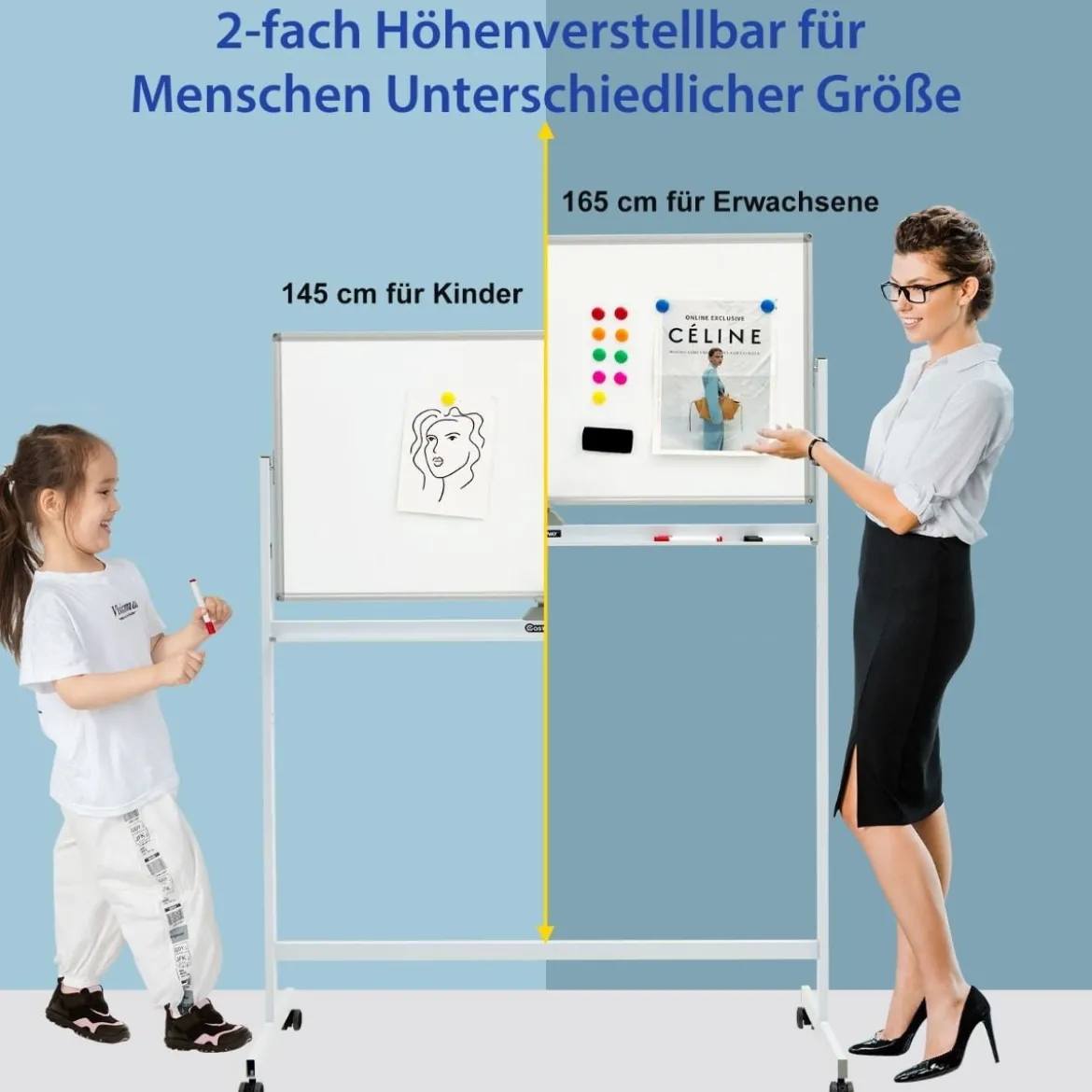 Doppelseitiges magnetisches mobiles Whiteboard verstellbaretrocken abwischbare Tafel auf Rädern Weiß