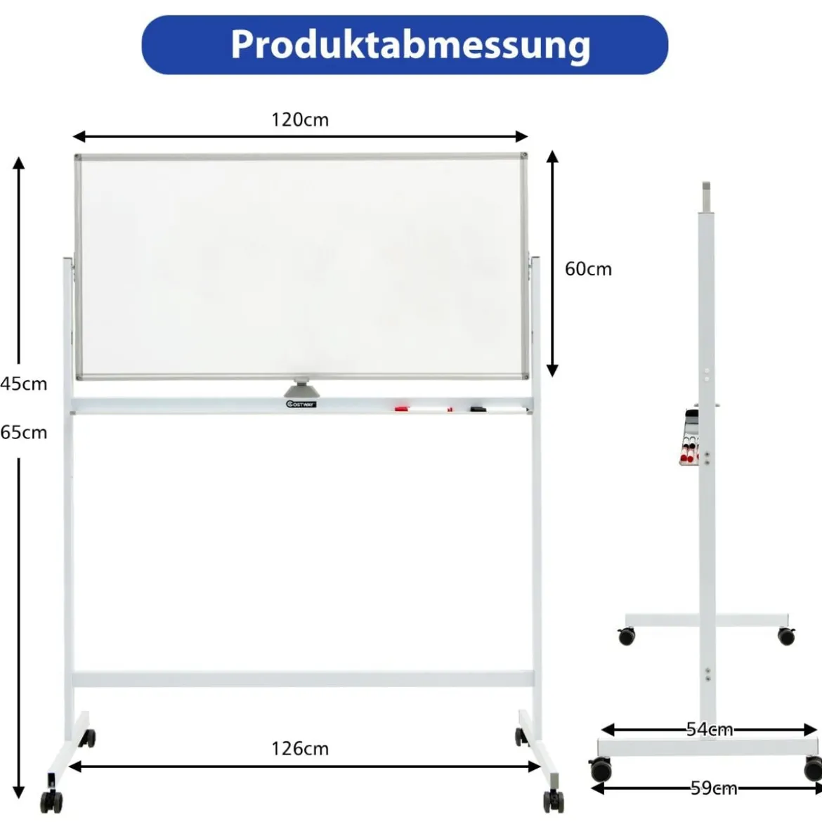 Doppelseitiges magnetisches mobiles Whiteboard verstellbaretrocken abwischbare Tafel auf Rädern Weiß