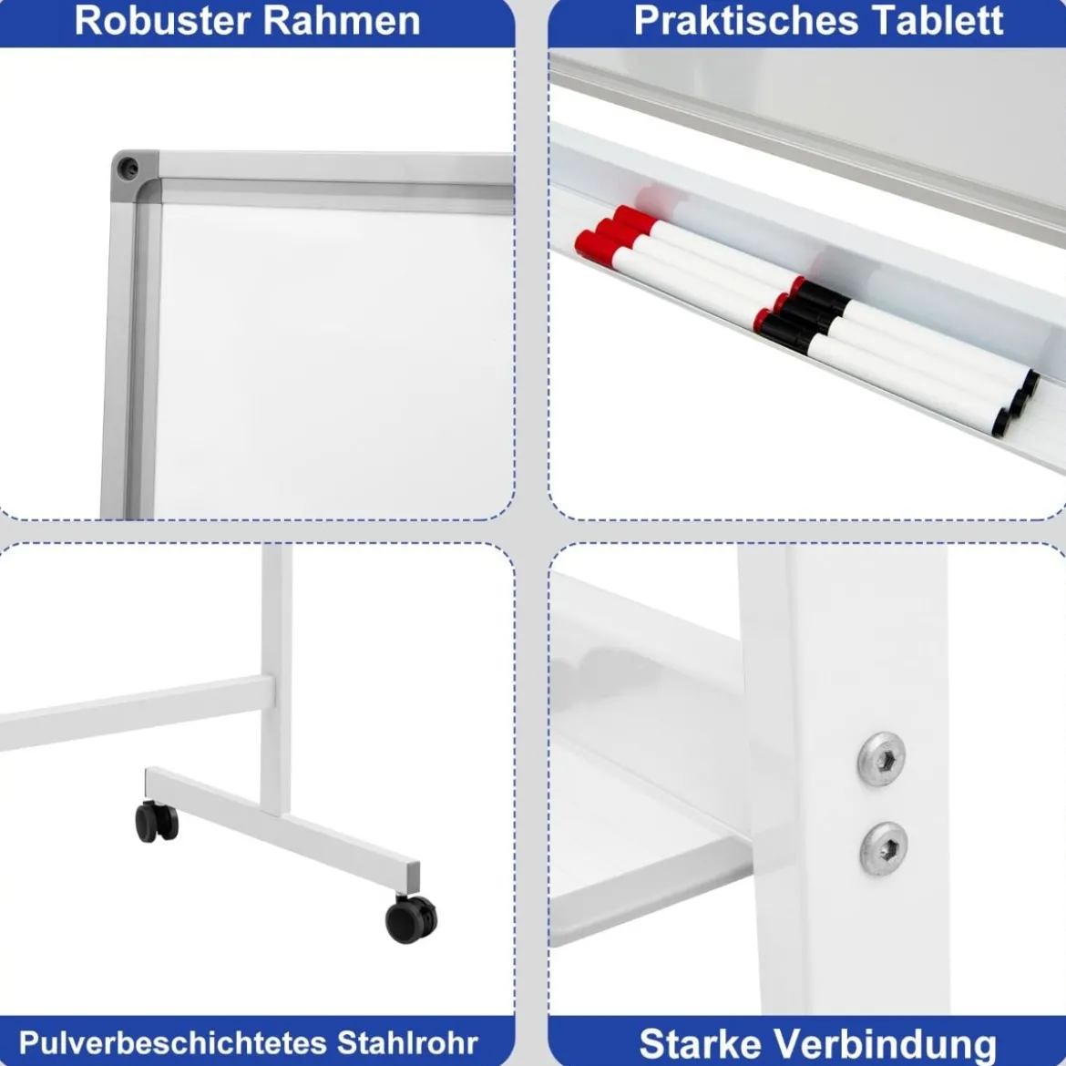 Doppelseitiges magnetisches mobiles Whiteboard verstellbaretrocken abwischbare Tafel auf Rädern Weiß