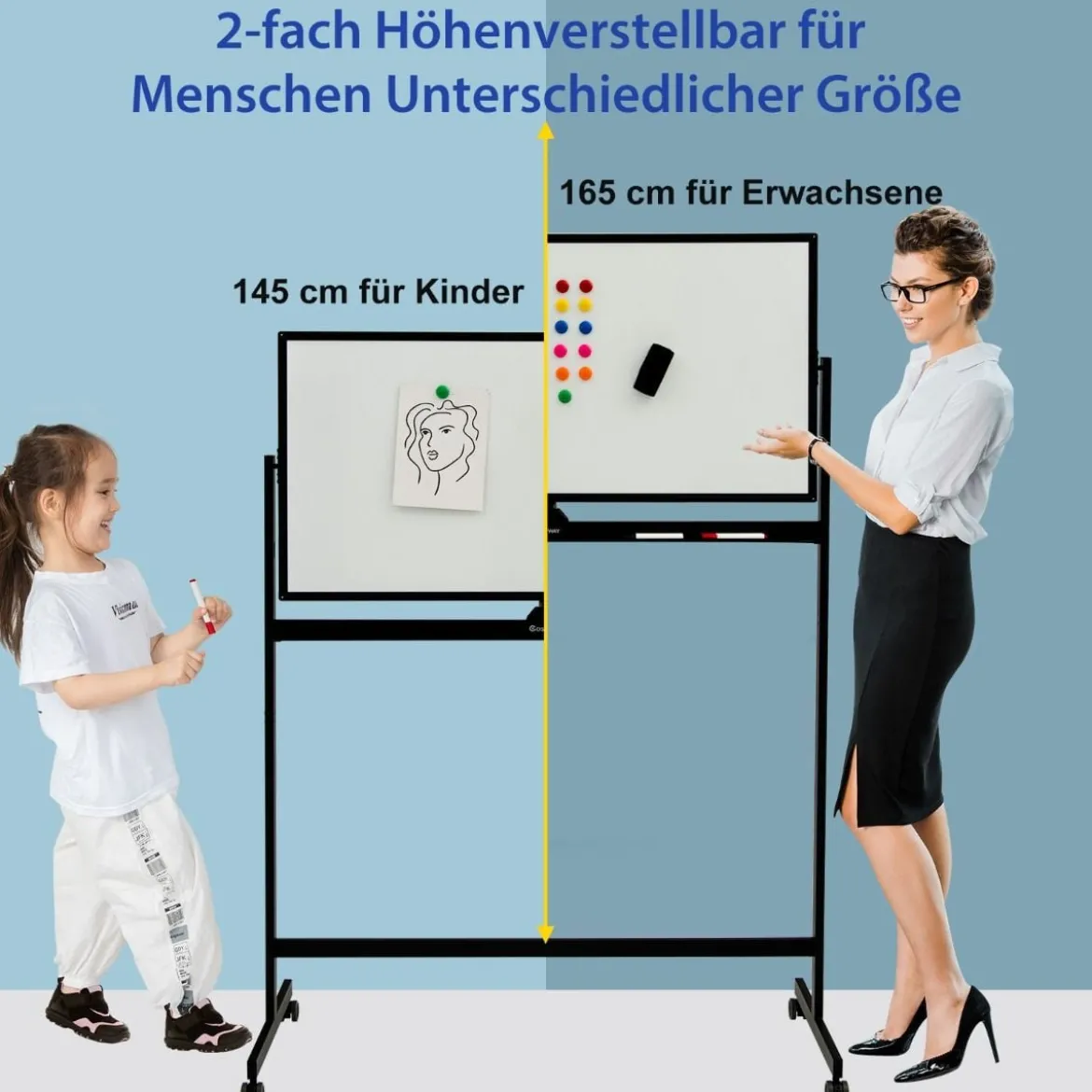 Doppelseitiges magnetisches mobiles Whiteboard mobile rollende Weißwandtafel für Büro Schwarz
