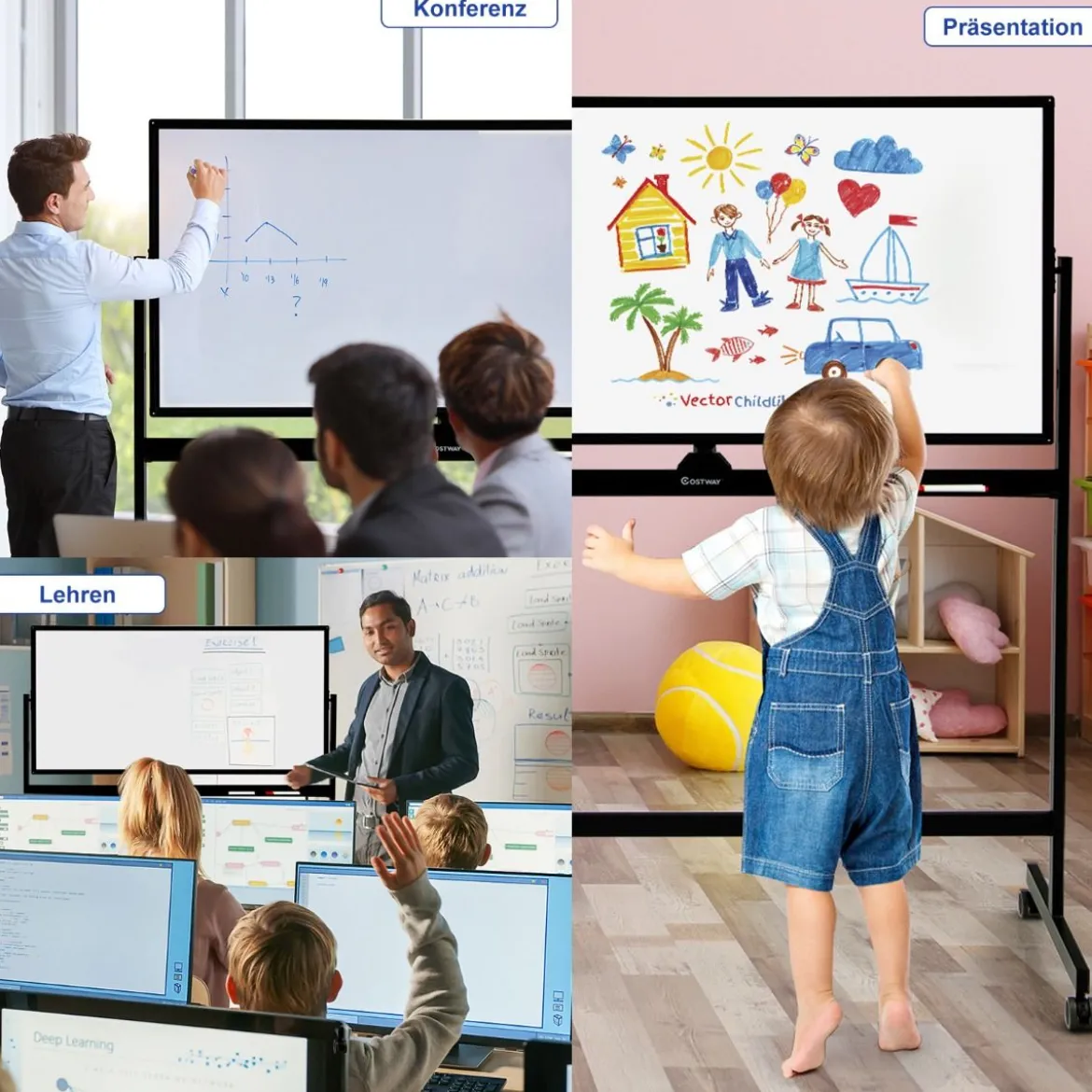 Doppelseitiges magnetisches mobiles Whiteboard mobile rollende Weißwandtafel für Büro Schwarz