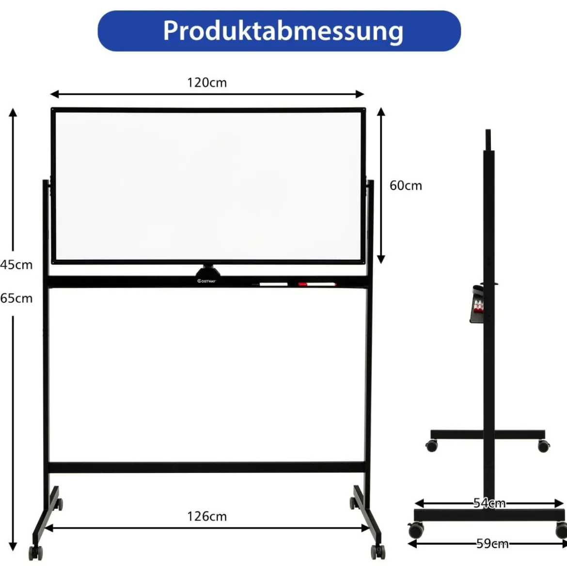 Doppelseitiges magnetisches mobiles Whiteboard mobile rollende Weißwandtafel für Büro Schwarz