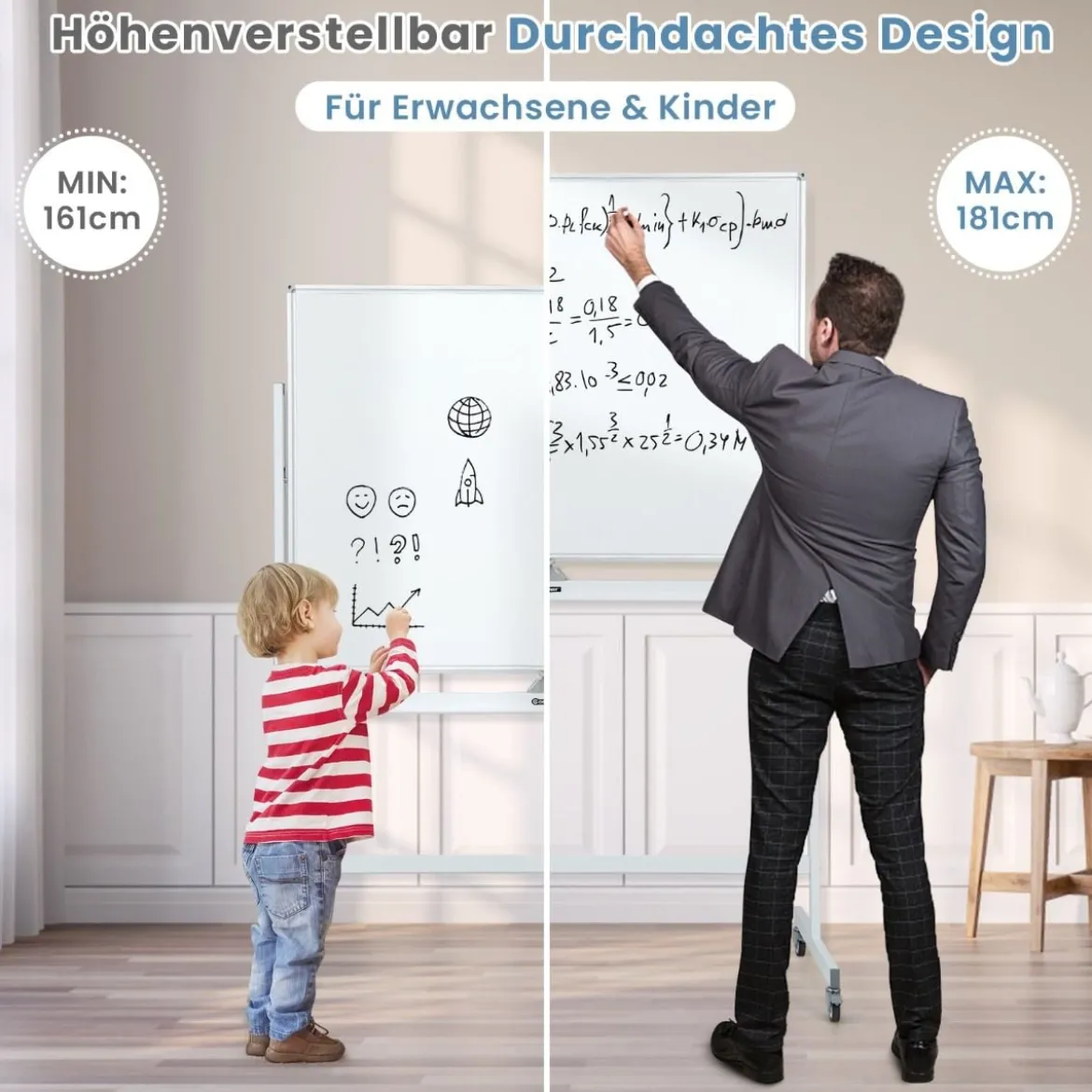 Doppelseitiges Mobiles Whiteboard mit Gittermuster & Ständer & Stiftablage 120 x 90 cm