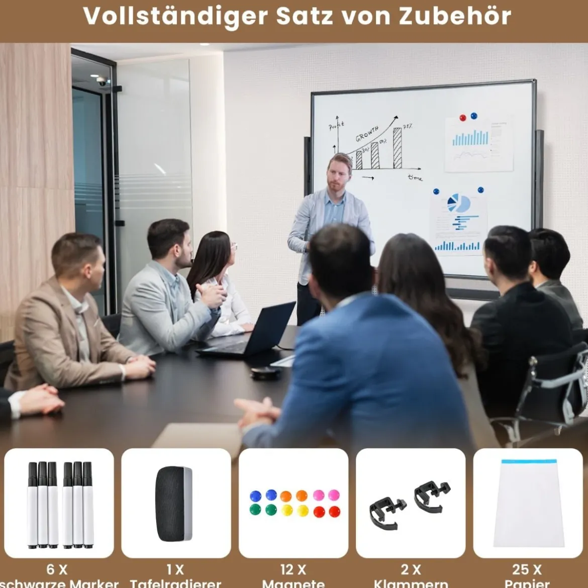 Doppelseitiges Mobiles Whiteboard mit Gittermuster & Ständer & Stiftablage 120 x 90 cm