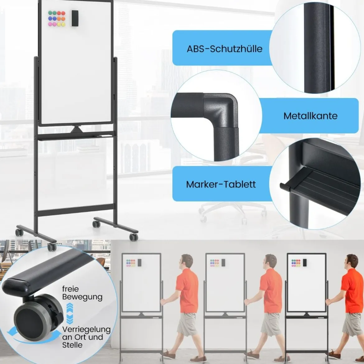Doppelseitiges Mobiles Whiteboard mit Stiftablage & Zubehör für Schule Büro 60 x 90 cm Schwarz