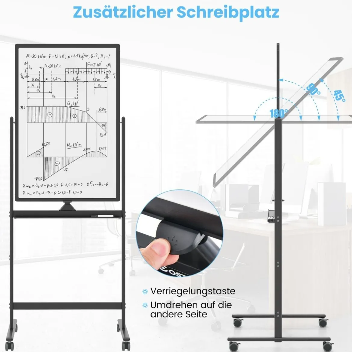 Doppelseitiges Mobiles Whiteboard mit Stiftablage & Zubehör für Schule Büro 60 x 90 cm Schwarz