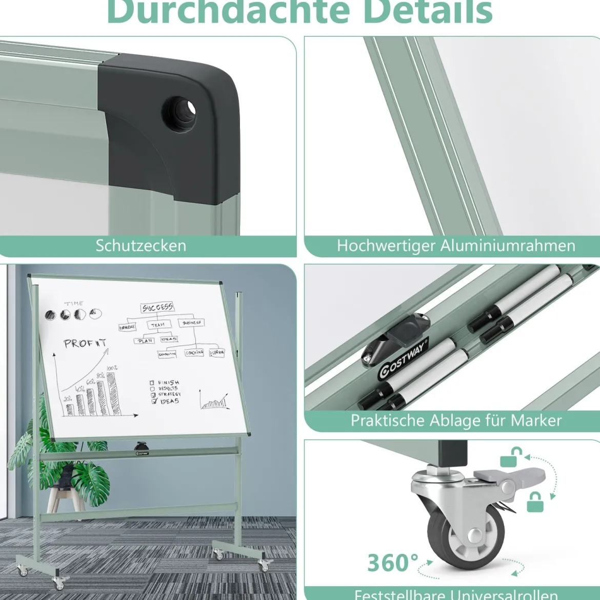 Doppelseitiges Mobiles Whiteboard Höhenverstellbares Magnetisches Whiteboard Rollende Weißtafel