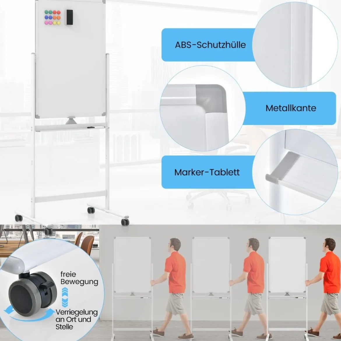Doppelseitiges Mobiles Whiteboard mit Stiftablage & Zubehör für Schule Büro 60 x 90 cm Weiß