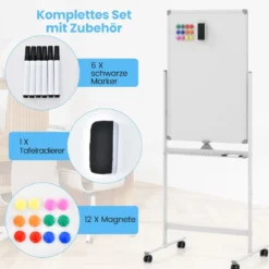 Doppelseitiges Mobiles Whiteboard mit Stiftablage & Zubehör für Schule Büro 60 x 90 cm Weiß