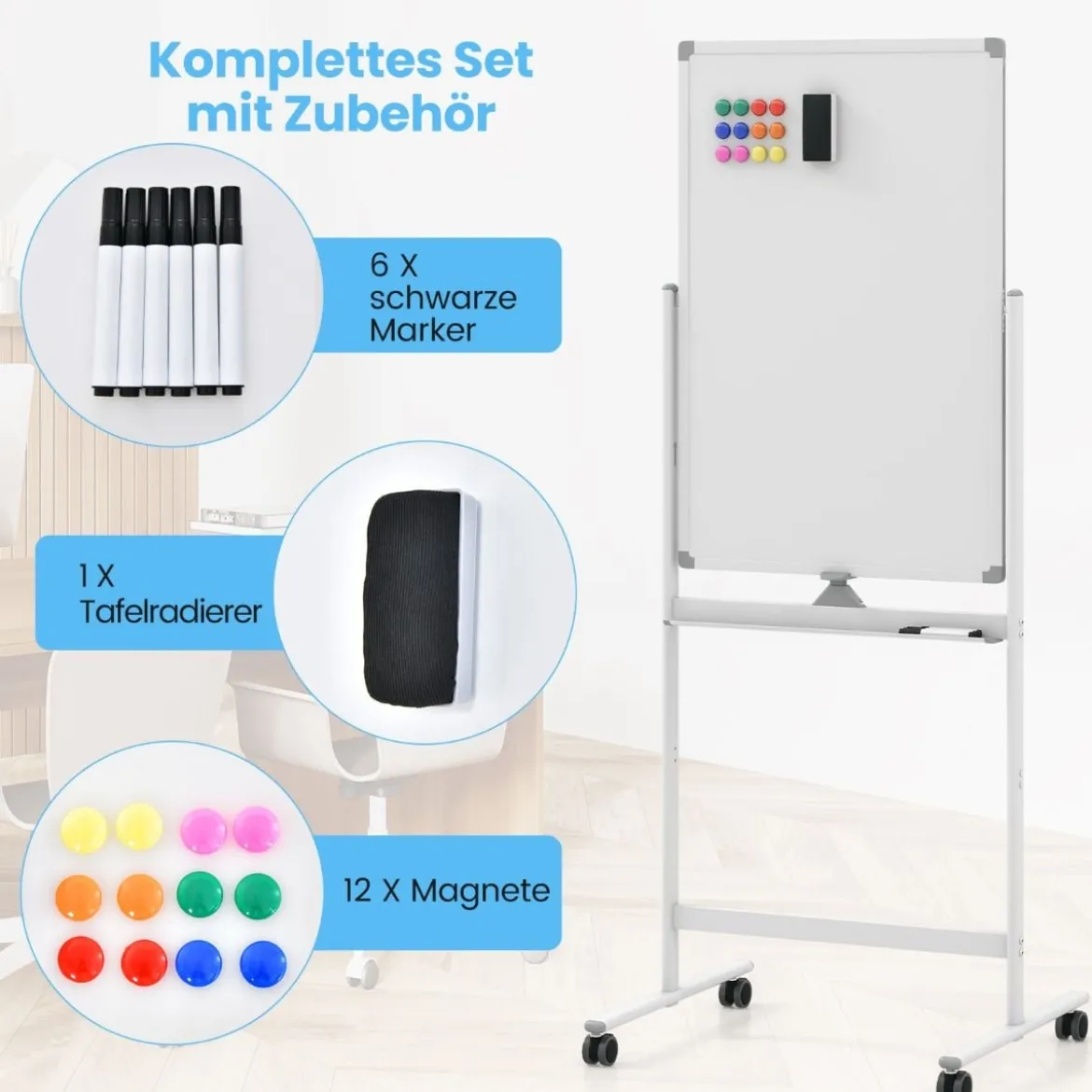 Doppelseitiges Mobiles Whiteboard mit Stiftablage & Zubehör für Schule Büro 60 x 90 cm Weiß